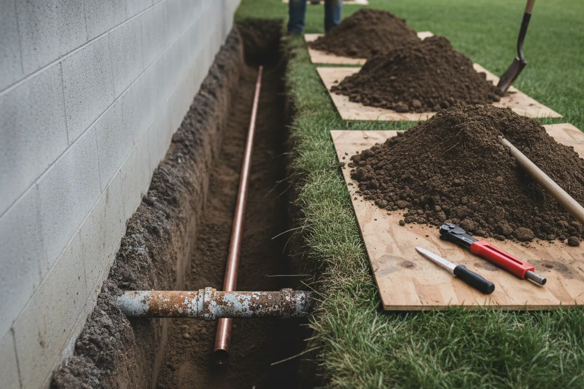 Excavated water line trench during Water Softener Installation in Olin